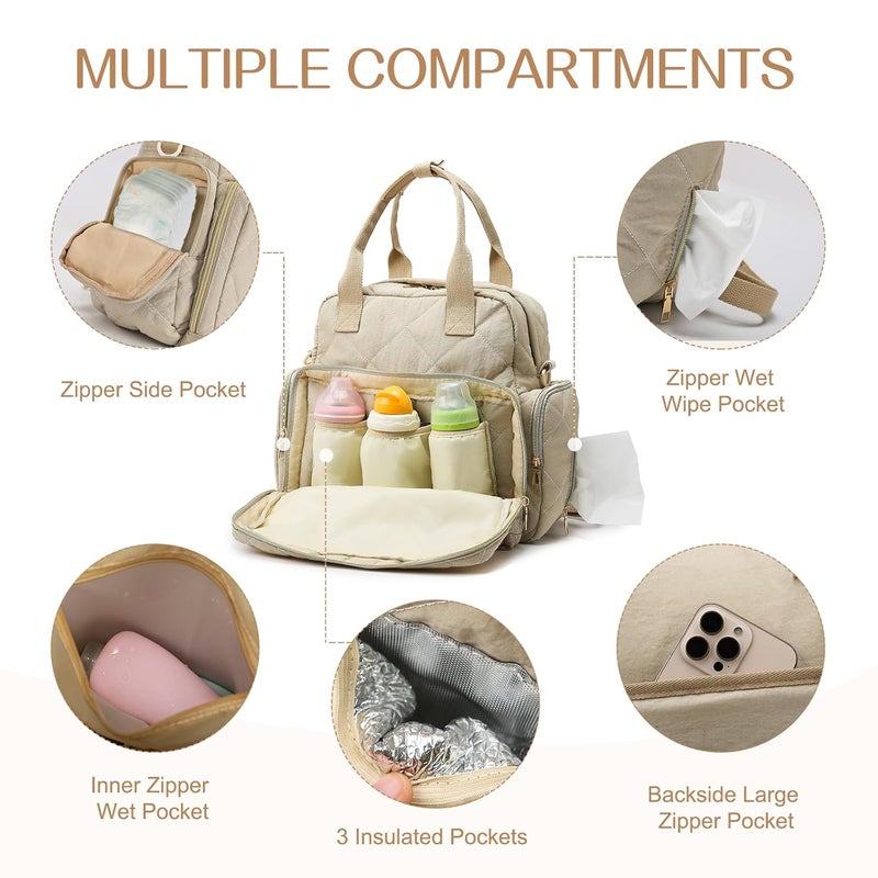 Mozzilog Large Diaper Bags with Changing Pad, 6 in 1 Travel Diapers Backpack, Baby Bag for Mom Quilted Mommy Daipering, Hospital Bag for Women Labor Delivery Maternity Tote (Light Khaki) - Image 4